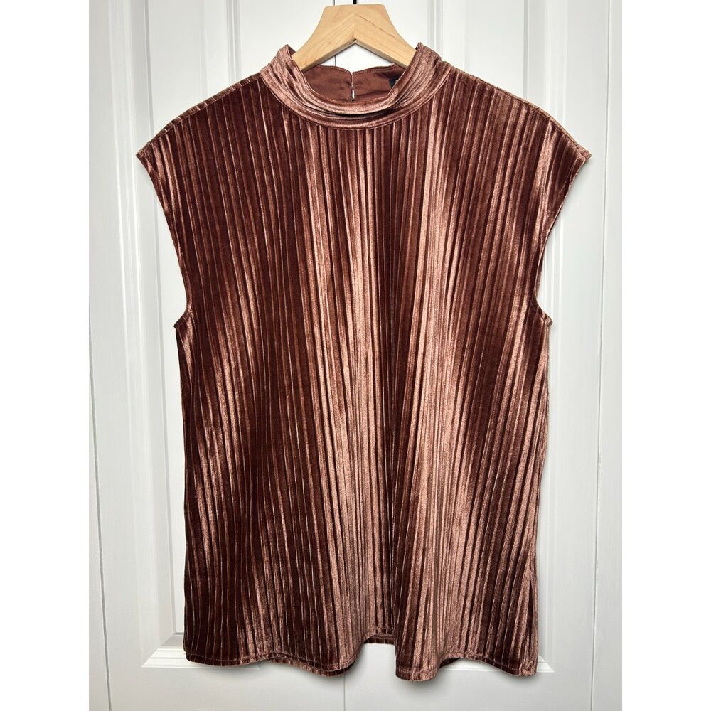 Ann Taylor Factory Brown Velvet Pleated Sleeveless Mock Neck Top L